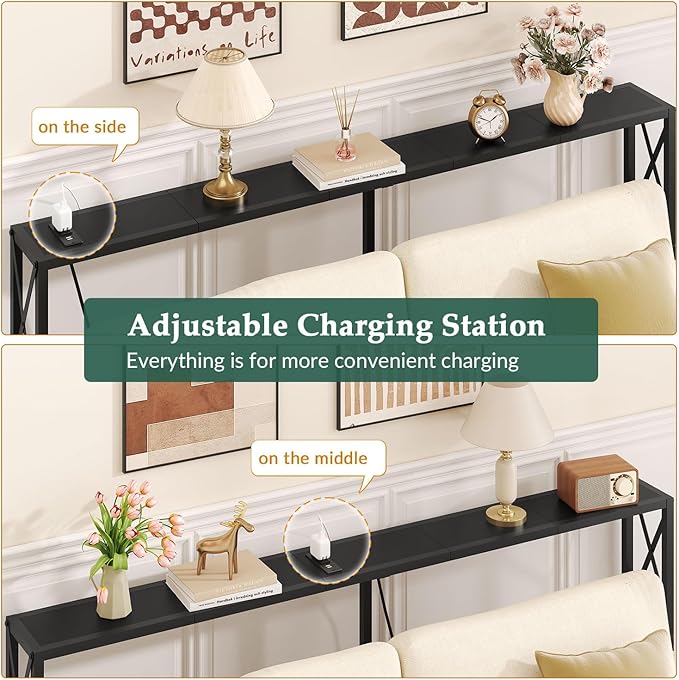 Gewudraw Console Table Narrow Long, Behind Couch Table with Oulets & USB Ports, Industrial Long Skinny Stand for Entryway,Hallway, Living Room, Bedroom Black, 7.9" D x 70" W x 30.3" H