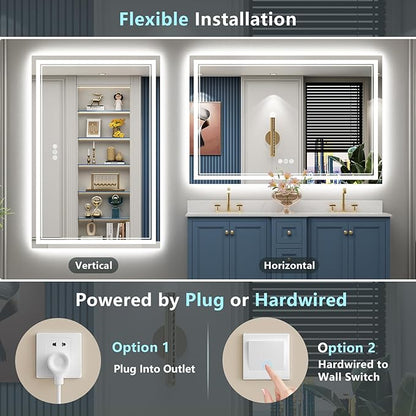 60x30 LED Bathroom Mirror with Lights, Backlit and Front Lit Anti-Fog Lighted Vanity Mirrors for Bathroom Wall, Dimmable, 3-Color Light, Memory, Shatter-Proof, HD Tempered Glass, CRI＞90