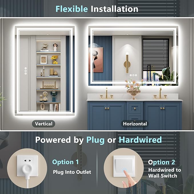 60x40 LED Bathroom Mirror with Lights, Backlit and Front Lit Anti-Fog Lighted Vanity Mirrors for Bathroom Wall, Dimmable, 3-Color Light, Memory, Shatter-Proof, HD Tempered Glass, CRI＞90