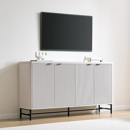 Fatmok 65" Large Sideboard Buffet Cabinet with Storage, Set of 2 Modern Fluted Credenza Accent Coffee Bar Console Tables with Doors & Adjustable Shelves for Living Room or Hallway, White
