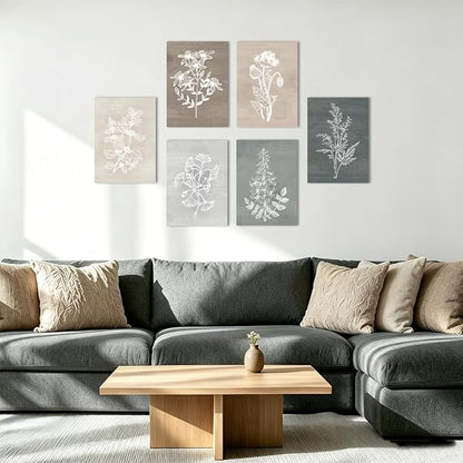BINCUE Neutral Botanical Plant Canvas 6 Pieces Rustic Farmhouse Wall Art for Living Room Bedroom and Bathroom,Canvas Paintings Print Set Decor 12"x 16"