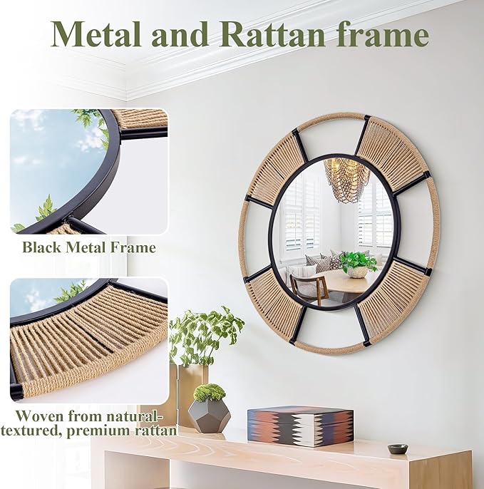 Large Round Mirrors for Wall Decor, 36.6'' Boho Coastal Mirror with Detachable Rattan and Black Metal Frame, Black Farmhouse Mirror for Bathroom Power Room Fireplace Hallway
