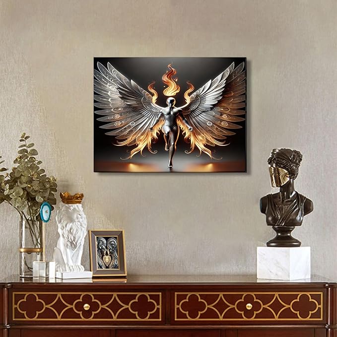 3D Metal Angel Wall Art Mural Futurism Poster Cybernetics Wing Warriors Canvas Printed Images Science Fiction Robot Artwork with Wings of Fire Modern Fantasy Gallery Decoration, Living Room Bedroom Office Manhole 16x24 inches