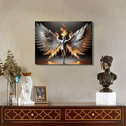 3D Metal Angel Wall Art Mural Futurism Poster Cybernetics Wing Warriors Canvas Printed Images Science Fiction Robot Artwork with Wings of Fire Modern Fantasy Gallery Decoration, Living Room Bedroom Office Manhole 16x24 inches