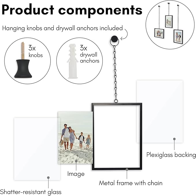 Americanflat Metal Floating Frame with Chain - Set of 3 - Use as 4x6 Picture Frame - Pressed Flower Display for Wall Decor - Elegant Black Molding with Shatter-Resistant Glass