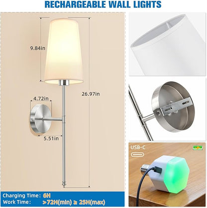 NIORSUN Brushed Nickel Battery Operated Wall Sconce Set of 2,Rechargeable Wall Lights with 5200mAh Dimmable Detachable Bulbs and Remote,9 Colors Wireless Sconces for Bedroom Living Room Hallway