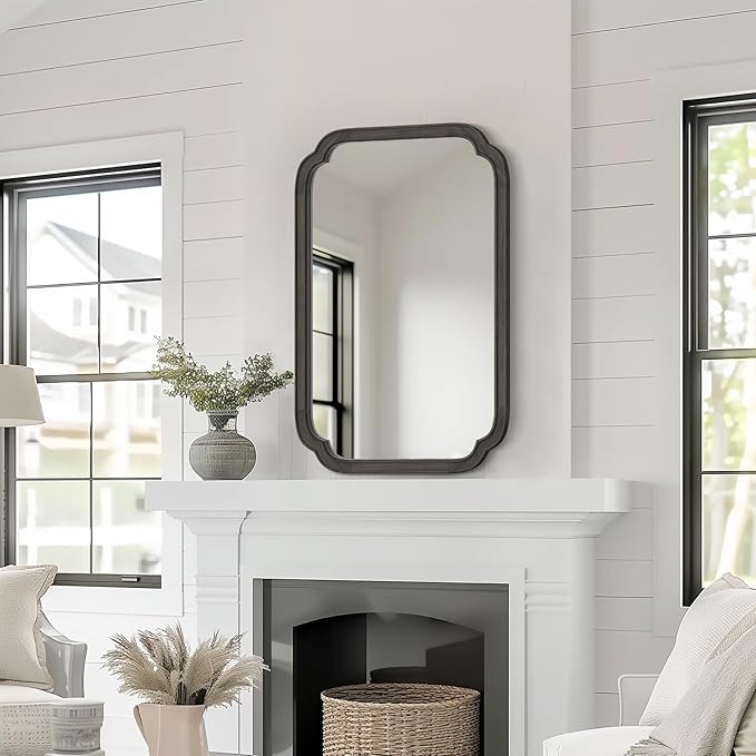 HOMECOOKIN Wood Bathroom Mirror for Wall Decor Arched Rounded Corner Rustic Wood Frame Wall Mirror Home Decorative for Vanity, Living Room, Bedroom, Entryway (20 x 30 inch, Black)