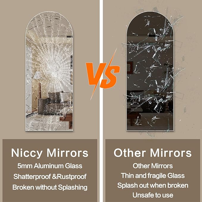 Niccy 61"×24" Frameless Arched Full Length Mirrors, Long Wall-Mounted Mirror for Living Room, Large Full Body Floor Mirror, Explosion-Proof Tall Hanging-Mirror for Bathroom Bedroom Entryway Decor