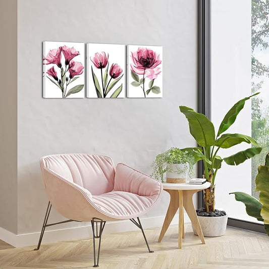 KREATIVE ARTS 3 Piece X-Ray Flower Canvas Wall Art - Abstract Transparent Floral Prints, Elegant Artwork for Living Room, Ready to Hang, 12x16'' Each (Pink)