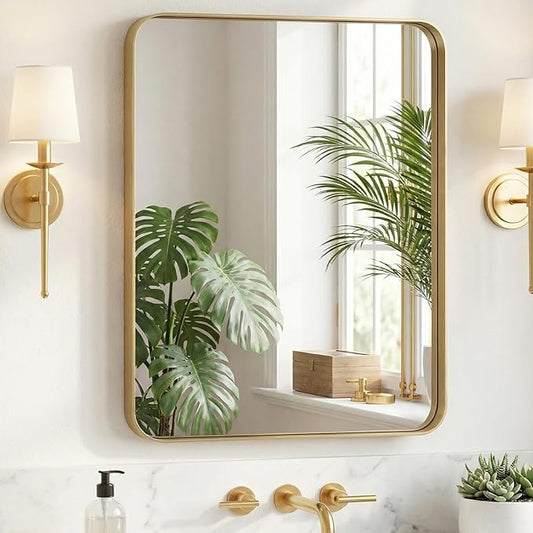 Sweetcrispy Bathroom Wall Mirror, 32x24 Inch Wall Mount Mirror for Over Sink, Modern Rounded Rectangle Vanity Mirror with Matte Metal Framed, for Home Decor, Living Room, Bedroom, Gold