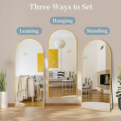 Full Length Mirror with Stand, 68"x26" Arched Full Body Mirror, Large Stand Up Mirrors, Aluminum Frame Floor Standing Mirrors, Freestanding Hanging Leaning Mounted for Bedroom Living Room Gold