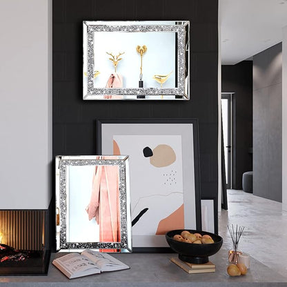 ZOLAPI 2PCS Crystal Rhinestone Diamond Wall Mirror.Brilliant Hand-Spliced Glass Mirror.Accent Decorative Mirror for Hallway/Bathroom/Bedroom（11”x15”）