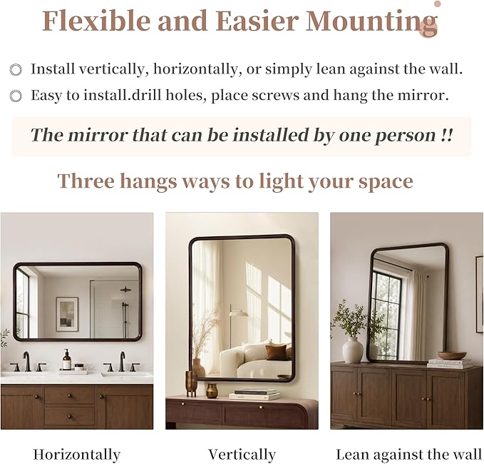 Bathroom Mirror for Wall,Wood Rectangle 30 x 40 inch Hanging Vatiny Tempered Dark Walnut Mirrors with Rounded Corner for Living Room,Bedroom,Entryway