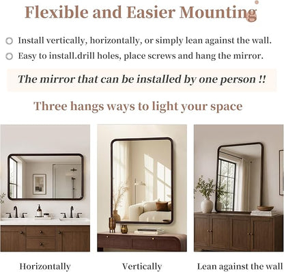 Bathroom Mirror for Wall,Wood Rectangle 30 x 40 inch Hanging Vatiny Tempered Dark Walnut Mirrors with Rounded Corner for Living Room,Bedroom,Entryway