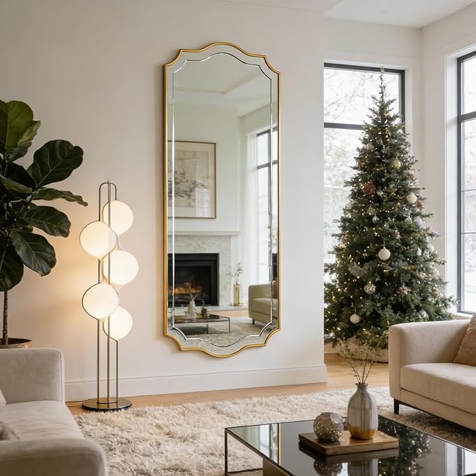 POZINO Large Scalloped Mirror, 63"x24" Rectangle Full Length Mirror with Gold Wood Frame, Modern Aesthetic Wavy Wall Mirrors for Living Room Bedroom Hallway Entryway, Horizontal or Vertical Hanging