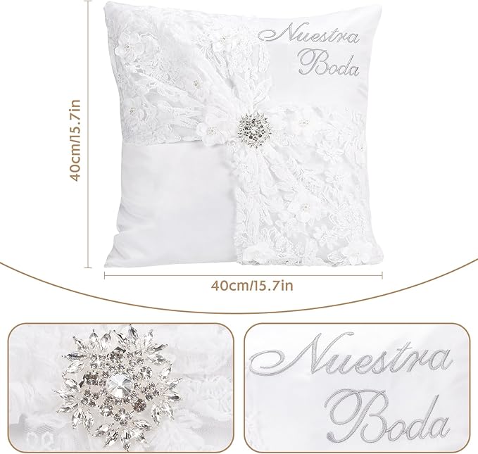 Nuestra Boda Wedding Kneeling Pillows Cover Set of 2, 16 x 16 Inch Embroidered Prayer Pillow for Kneeling, Satin and Lace White/Silver, Decoracion for Bodas
