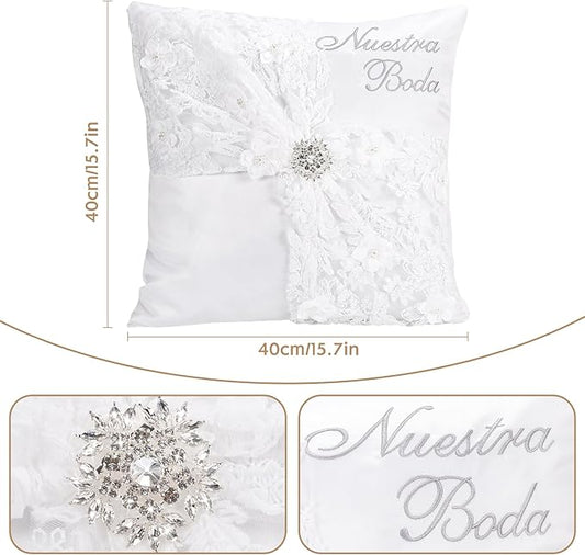 Nuestra Boda Wedding Kneeling Pillows Cover Set of 2, 16 x 16 Inch Embroidered Prayer Pillow for Kneeling, Satin and Lace White/Silver, Decoracion for Bodas