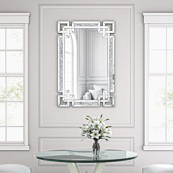 Crystal Crush Diamond Mirror-24 x36 Silver Mirror, Gorgeous Wall Mirror, Rectangle Mirrors for Wall Bathroom, Bedroom, Dining Room and Living Room