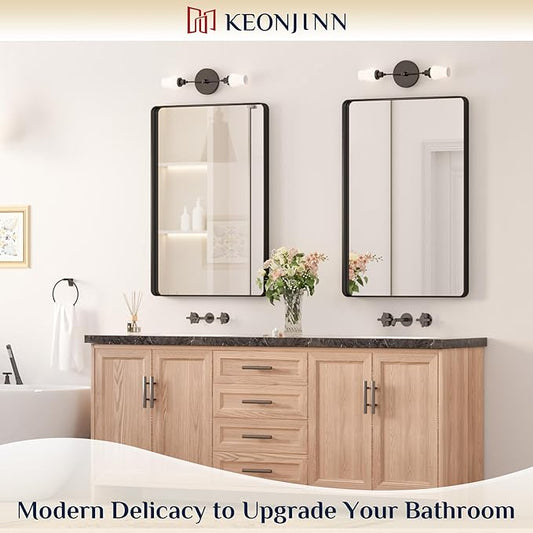 Keonjinn Black Bathroom Mirror for Vanity, 24" x 36" Matte Black Metal Framed Rounded Rectangle Farmhouse Mirror, Tempered Glass, Anti-Rust Sandblasted Finish Decorative Mirrors(Horizontal/Vertical)