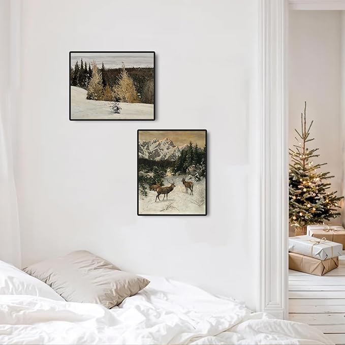 uniro Vintage Wall Art Prints - Vintage Christmas Print Winter Landscape Oil Painting, Rustic Deer Mountain Christmas Picture Wall Decor, Retro Muted Snowy Landscape Holiday Wall Decor, Xmas Decor for Bedroom Bathroom Living Room Christmas Holiday Deco...