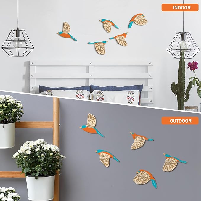 Barydat 5 Pcs Wooden Bird Wall Art Wood Flying Birds Wall Decor Rustic Folk Art Scandinavian Home Decor for Gift Living Room Bedroom Kitchen Office(Teal)