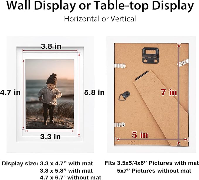 KINLINK 5x7 Picture Frame White, Solid Wood Frames with Acrylic Plexiglass for Pictures 4x6 With Mat or 5x7 Without Mat,Tabletop and Wall Display Photo Frame Set of 4