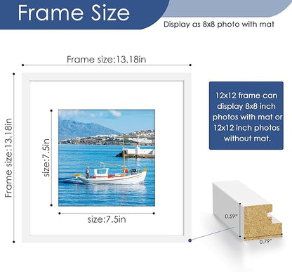 PEALSN 12x12 Picture Frame Set of 6, Display Pictures 8 x 8 with Mat or 12 x 12 without Mat for Wall Mounting Display, Poster Frames Collage for Wall Decor, White.