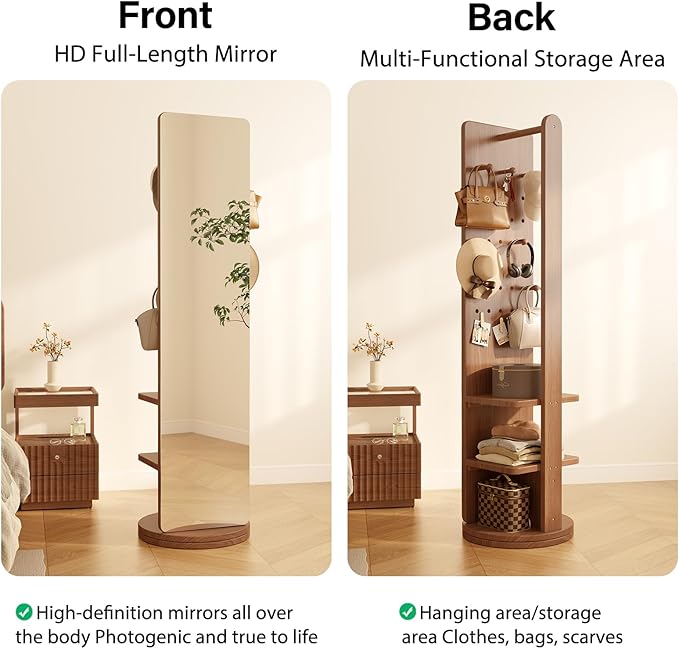 WoodsWhisper Full Length Mirror Coat Rack Solid Wood Floor Mirror 66"x12" Full Length Mirror with Stand Long Mirrors for Bedroom,Living Room (Walnut Brown, 70" L x 16" W)