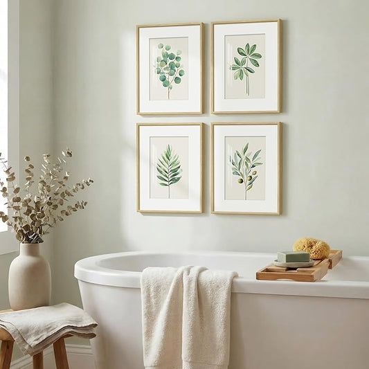 Framed Minimalist Sage Green Botanical Wall Art for Bedroom, Farmhouse Boho Plant Artwork for Walls, 4 piece Vintage Leaf Picture Prints for Bathroom Living Room Kitchen Wall Art Decor, 12x16 Inch