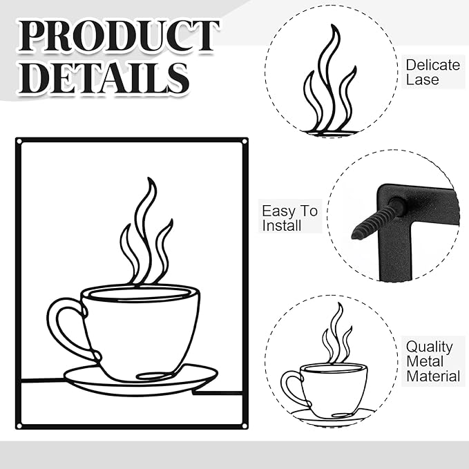 3 Pieces Metal Minimalist Line Kitchen Signs Wall Decor Drawing Rustic Kitchen Wall Art for Dining Living Room Home, 14 x 11 Inches (Coffee,Black)