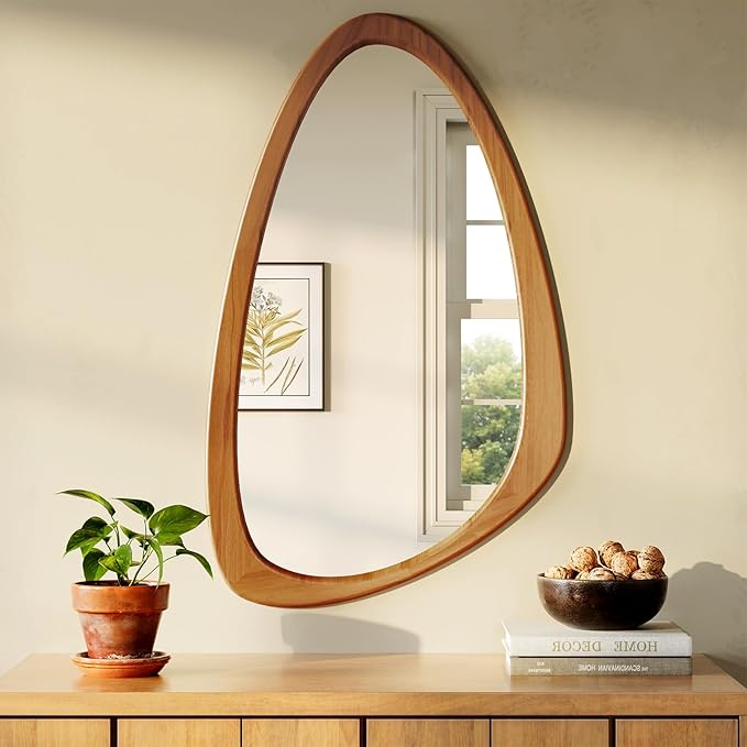 Asymmetrical Wall Mirror, 19x30 Inch Irregular Wall Mirror, Mid Century Modern Mirrors with Pine Wooden Frame for Living Room Bedroom Bathroom Entryway Hangs Horizontally or Vertically