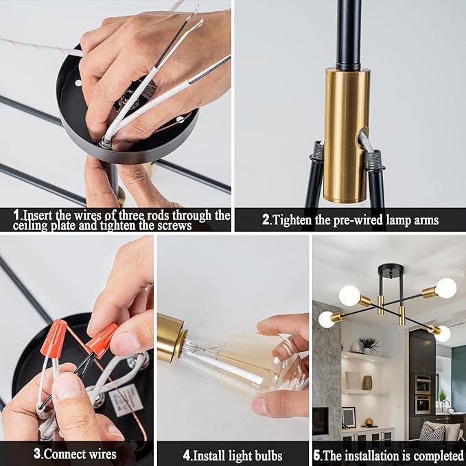 4-Light Black Modern Sputnik Chandeliers, Gold Semi Flush Mount Ceiling Light Fixture, Mid Century Farmhouse Kitchen Lighting Fixtures Ceiling Mount for Living Room Dining Room Bedroom