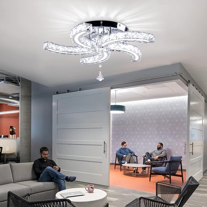 Modern Crystal Chandeliers Acrylic Crystal Led Ceiling Light Fixtures Arm Pendant Lighting Stainless Steel Ceiling Lamp Hanging Lights for Living Room Dining Room Bedroom (Cold White)