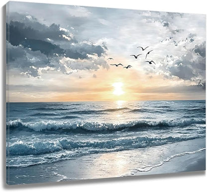 LB Ocean Sunset Coastal Wall Art Seagull Beach Landscape Canvas Wall Art Nature Seascape Pictures Wall Decor for Bedroom Bathroom Living Room Framed Artwork Ready to Hang 12L x 16W