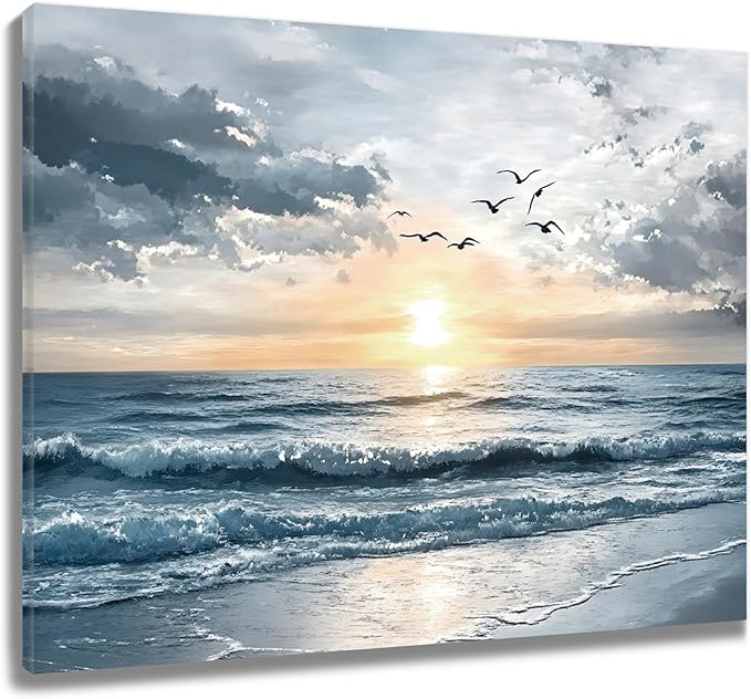 LB Ocean Sunset Coastal Wall Art Seagull Beach Landscape Canvas Wall Art Nature Seascape Pictures Wall Decor Artwork for Bedroom Bathroom Living Room Framed Ready to Hang 16L x 20W