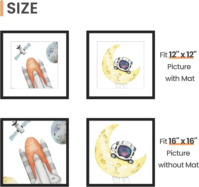 upsimples 16x16 Picture Frame Set of 3, Made of High Definition Glass for 12x12 with Mat or 16x16 Without Mat, Wall and Tabletop Display Photo Frames, Black