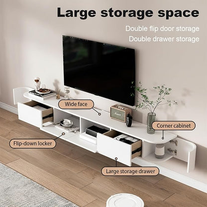 Floating TV Stand 87 Inch Wall Mounted TV Cabinet with 2 Drawers, TV Media Console with Flip-Down Door & Drawers for Living Room (White, 86.6")