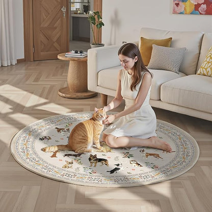 Beige 4Ft Round Area Rugs for Bedroom, Non-Slip Stain Resistant Round Kitchen Dog Rug, Modern Geometric Print Indoor Floor Circle Carpet for Entryway Living Room Sofa