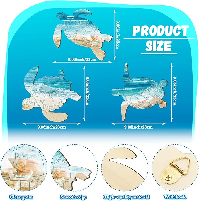 Tatuo 3 Pcs Summer Coastal Wall Decor Bathroom Beach Blue Wall Art Sea Turtle Surfboard Seahorse Starfish Seashell Conches Crabs Sea Life Decor for Bedroom Home (Fresh Turtle Style)