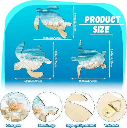Tatuo 3 Pcs Summer Coastal Wall Decor Bathroom Beach Blue Wall Art Sea Turtle Surfboard Seahorse Starfish Seashell Conches Crabs Sea Life Decor for Bedroom Home (Fresh Turtle Style)