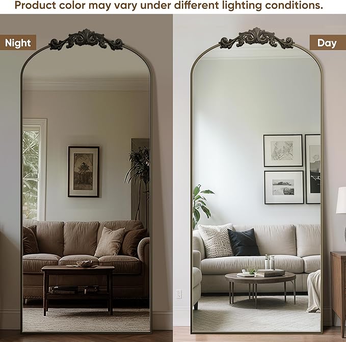 Antok Arched Full Length Mirror, 76"x34" Floor Mirror with Carved, Full Body Mirrors for HomeDecor, Standing/Halling Large Wall Mirror for Bedroom, Living Room, Cloakroom, Bronze, Retro Style