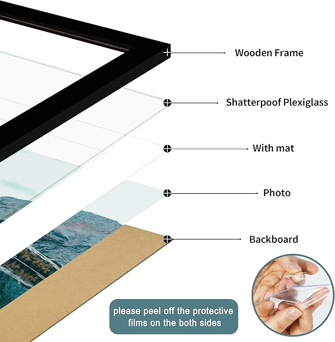 iRahmen 12x18 Picture Frame Set of 2 with Plexiglass, Black Poster Frame Display 8x11 Picture with Mat or 12 x 18 Without Mat, Wood Photo Frame for Horizontal or Vertical Wall Mounting