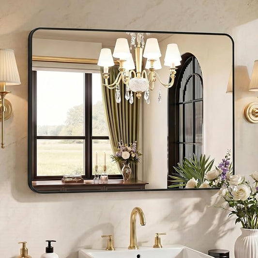 OLIXIS Bathroom Mirror for Over Sink, 40x30 Inch Wall Mount Mirror with Rounded Rectangle and Matte Metal Framed, Modern Wall Vanity Mirror for Home Decor, Living Room, Bedroom, Black