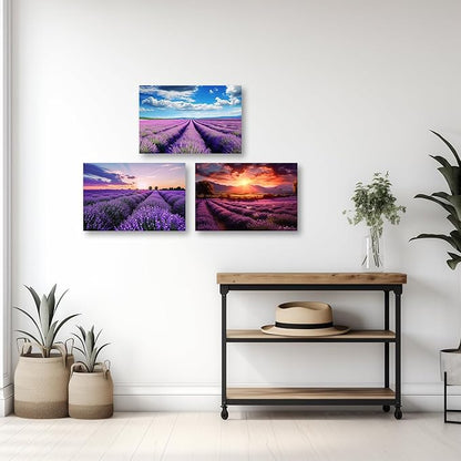 CCWACPP Lavender Canvas Wall Art 3 Panels Purple Lavender Floral Fields Sunset Pictures Large Landscape Living Room Decor Frame (16x24inchx3Pcs)