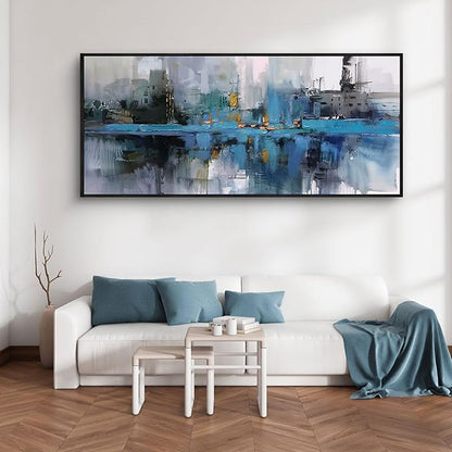 yiijeah Extra Large Canvas Frame Wall Art - Abstract Picture Large Decor for Living Room Blue and White Paintings Big Artwork for Wall Oversized Office Bedroom Home Decor