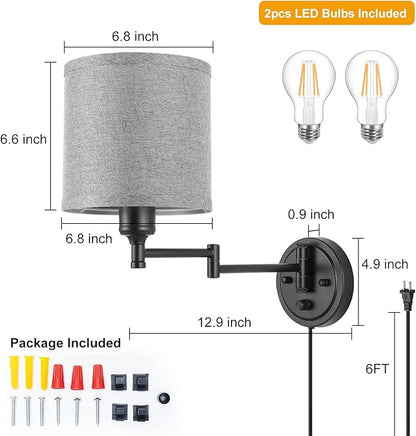 GOODATE Dimmable Plug in Wall Sconces, Swing Arm Wall Lamp, Wall Sconces Set of Two, Plug in Wall Light, Sconces Wall Decor Set of 2, Grey Fabric Shade, 2pcs Bulbs Included