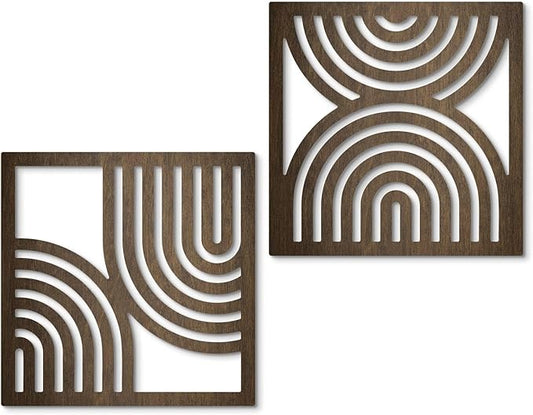 Putuo Decor Geometric Abstract Wall Art Set of 2, Modern Square Wooden Modern Arched Wall Decor for Living Room Bedroom Entryway, Minimalist Brown Wall Sculpture