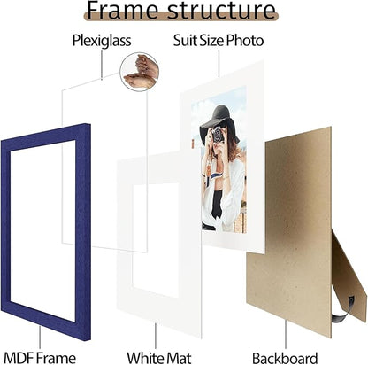 Picrit 8x10 Picture Frame Set of 12, Display 5x7 with Mat or 8x10 without Mat, Photo Frames for Wall Mounting or Table Top Display, Navy Blue