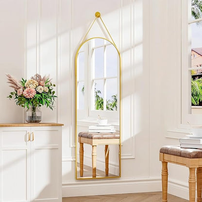 Dewfig 16"x48" Hanging Mirror with Leather Strap,Arched Full Length Mirror with Aluminum Frame Wall-Mounted Hanging Mirrors for Bathroom Vanity Living Room Bedroom Entryway Décor, Gold