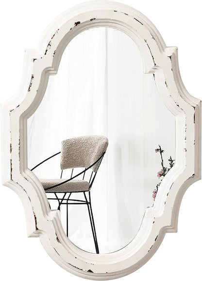 Small Vintage Oval Mirrors for Wall Decor 11 inch, Hanging Farmhouse Wood Entryway Mirror, Distressed White Rustic Scalloped Mirror, Ornate Accent Sculpted Mirrors for Living Room